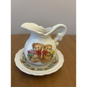 Vintage 1981 Enesco Lucy And Me Bears Miniature Pitcher Dish Bowl Set Flowers